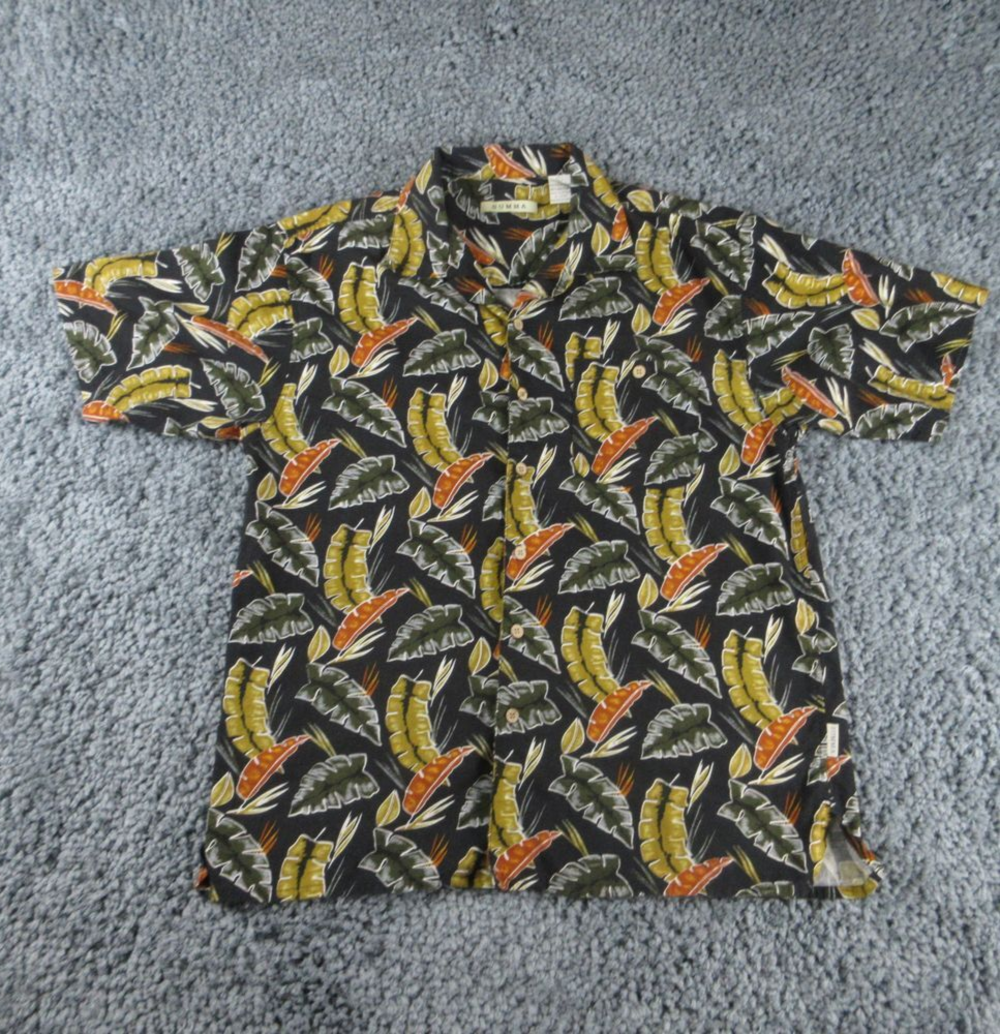 Summa Shirt Mens Large Black Green Floral Hawaiian Short Sleeve Button Up